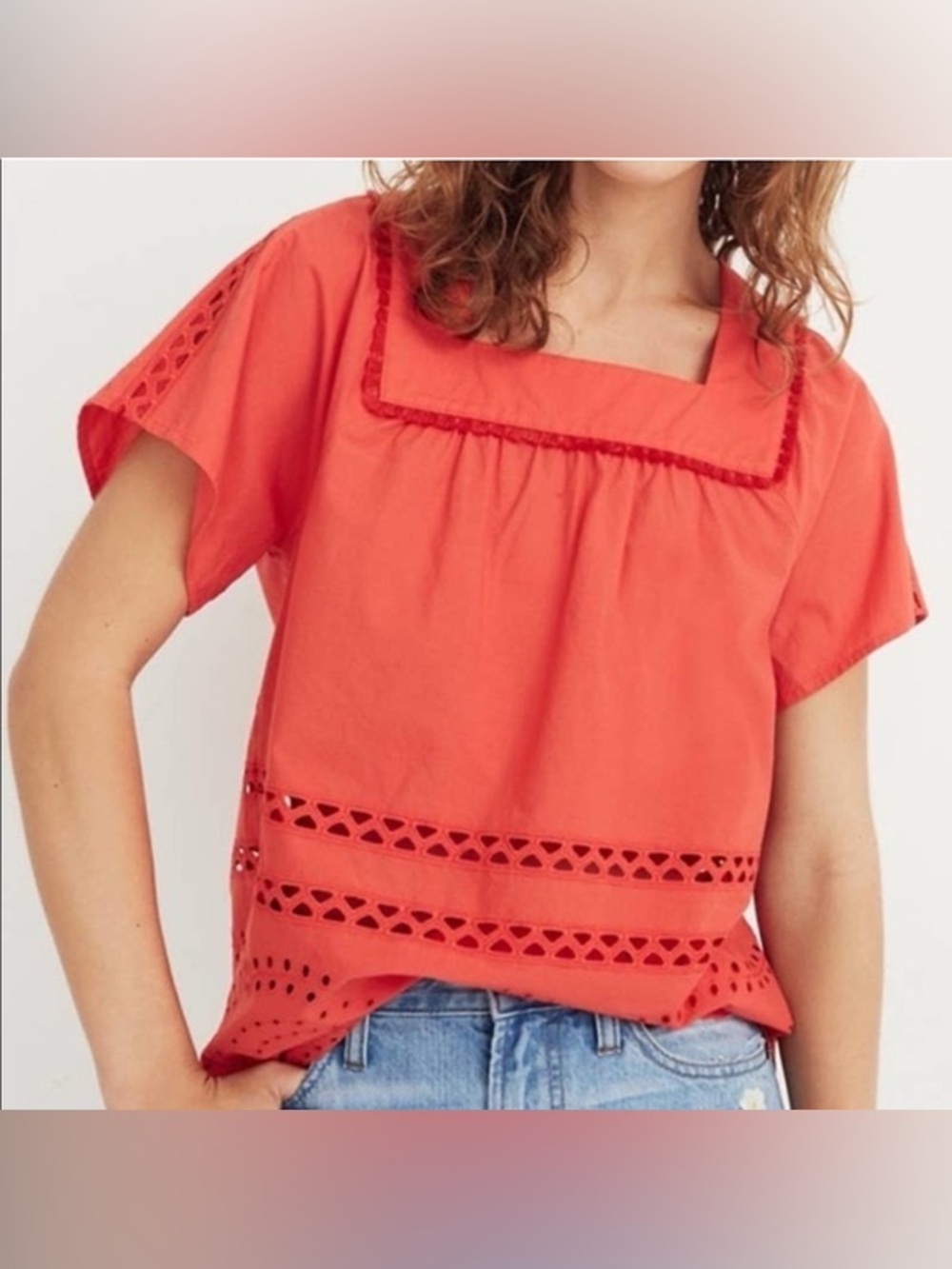 Madewell Women's Coral Red Eyelet Scalloped Hem Angelica Blouse Size XS
